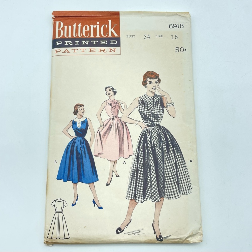 Vintage 50s Butterick Fit & Flare Day Dress Sewing Pattern Full Skirt 34 Bust